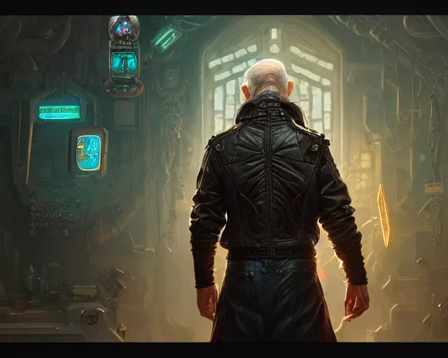 Prompt: old man with cyberpunk leather jacket, deep focus, d & d, fantasy, intricate, elegant, highly detailed, digital painting, artstation, concept art, matte, sharp focus, illustration, hearthstone, art by artgerm and greg rutkowski and alphonse mucha