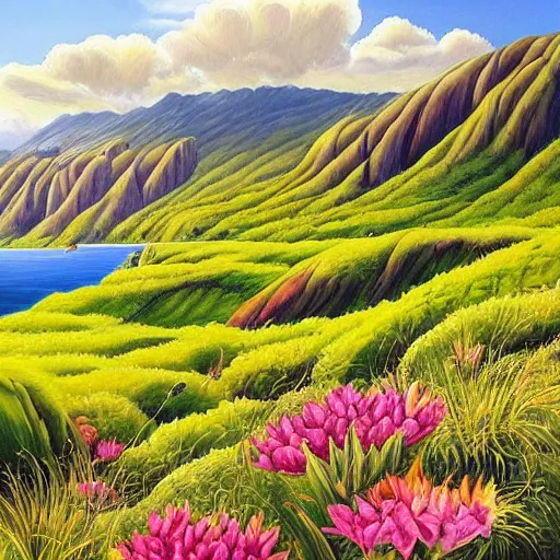 Image similar to painting of a lush natural scene on an alien planet by april gornik. beautiful landscape. weird vegetation. cliffs and water.