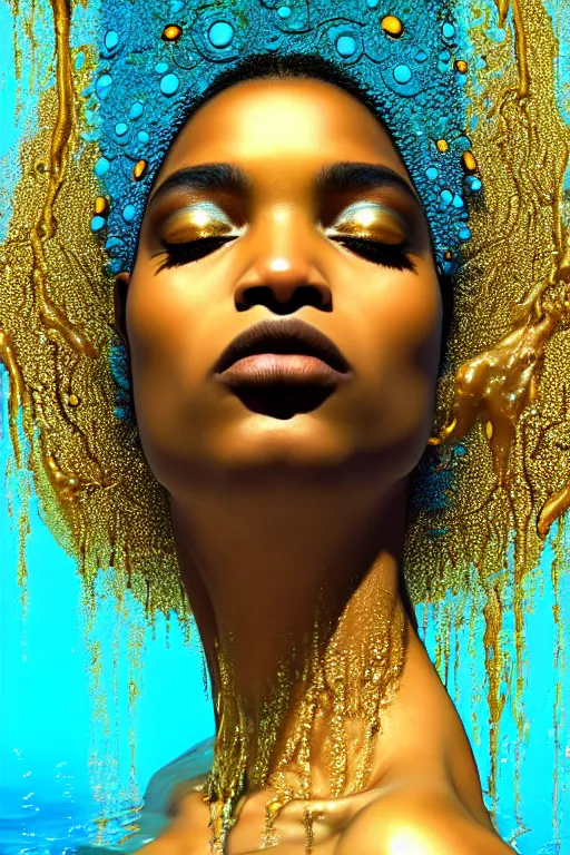 Image similar to hyperrealistic precisionist cinematic profile very expressive! black oshun goddess, sleeping in water!, mirror dripping droplet!, gold flowers, highly detailed face, digital art masterpiece, smooth eric zener cam de leon, dramatic pearlescent turquoise light on one side, low angle uhd 8 k, shallow depth of field