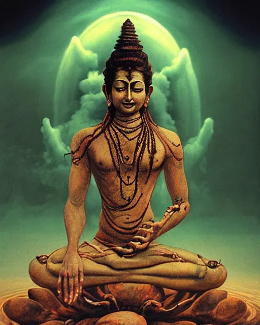 Prompt: One many-armed Shiva sitting in the lotus position. Nuclear explosion on the background. Dark colors, high detail, hyperrealism, horror art, masterpiece, close-up, zoom, concept art, octane render, biopunk, body-horror, solo, macrophoto, art by Yoshitaka Amano, Greg Broadmore, Beksinski, Rembrandt