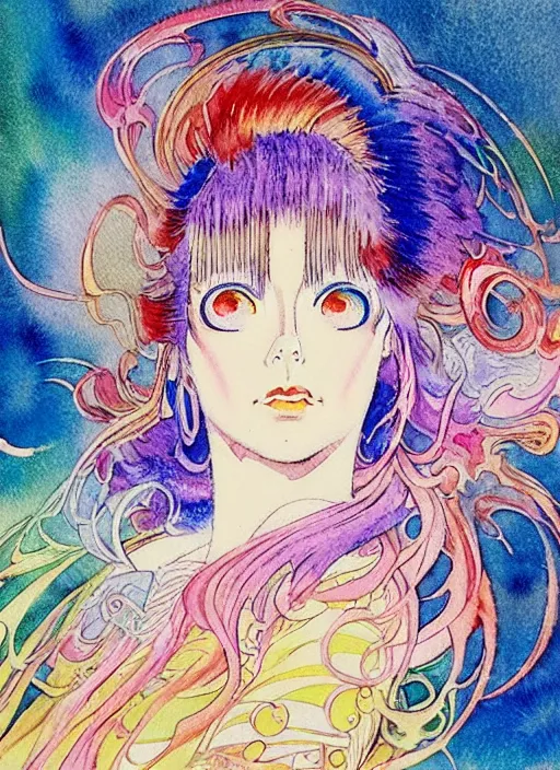 Prompt: vintage 7 0 s anime watercolor by yoshitaka amano, a portrait of a lady with colorful face - paint enshrouded in an impressionist watercolor, representation of mystic crystalline fractals in the background by william holman hunt, art by cicley mary barker, thick impressionist watercolor brush strokes, portrait painting by daniel garber, minimalist simple pen and watercolor