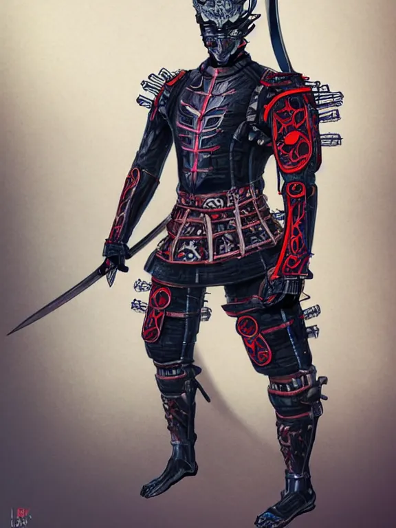Image similar to full body front view portrait of natural, bio - mechanical ninja samurai, character design, correct anatomy, concept art, digital illustration, ray tracing, ultra detailed, fantasy, neon lighting, intricate and highly detailed, coloured with lots of colour, pose, fantasy, sharp focus,