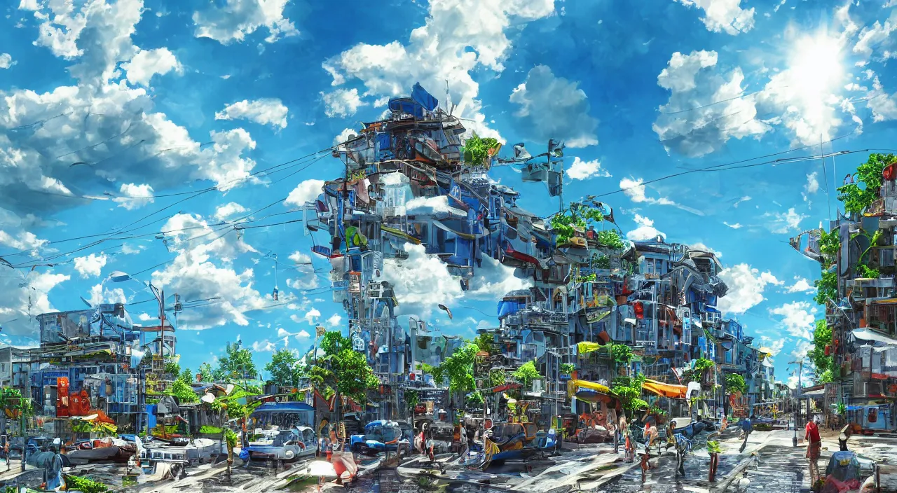 Prompt: rain without clouds, blue sky, sun, saturated colors, hyper detailed photorealistic