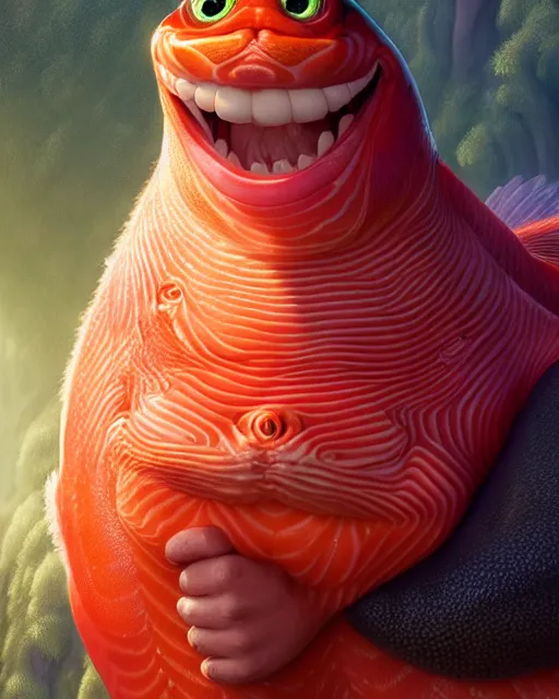 Image similar to disney pixar portrait 8 k photo of a king salmon : : by weta, greg rutkowski, wlop, ilya kuvshinov, rossdraws, artgerm, annie leibovitz, rave, unreal engine, alphonse mucha : :