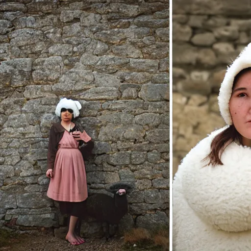 Prompt: portrait, woman, age 2 0, in a sheep costume, outside, stone wall in background, street photography by steve mccurry, 5 0 mm f / 1. 4