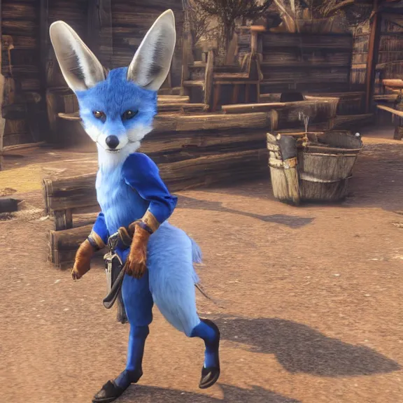 Prompt: screenshot of an anthropomorphic blue fennec fox in cowboy attire from red dead redemption 1