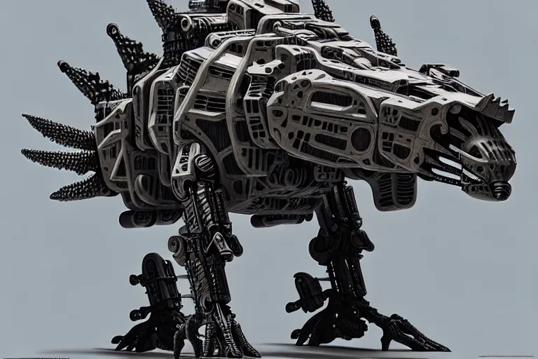 Image similar to stegosaurus in a cyborg mech suit, by alexandre ferra, zezhou chen, peter gric, mohamed reda and hr giger, hyper detailed line art, screen print, character concept art, realistic, coherent, octane render, zbrush central, behance hd, hypermaximalist