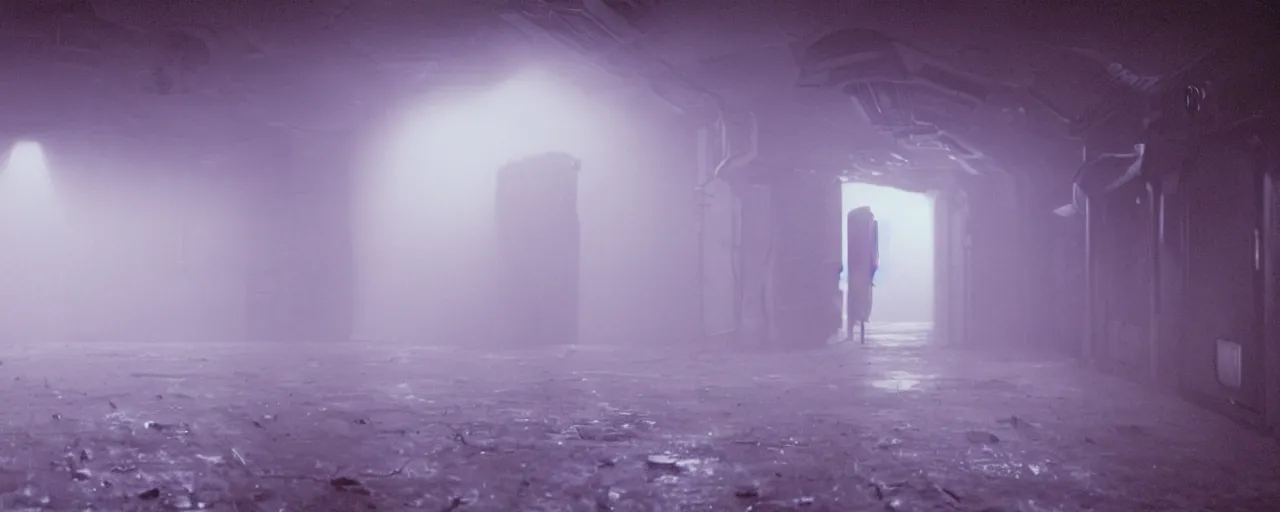 Prompt: Film still of a dimly lit corridor on an alien space ship, dark matte metal, floor grills, ventilation shafts, dusty, mist and smoke, purple and cyan lighting, tilted camera angle, a mysterious creature in the distance, wide-angle lens vanishing point, year 3000, Cinestill colour cinematography, anamorphic, giger