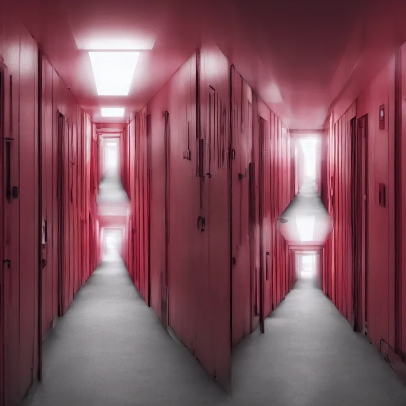 Image similar to spooky photo of a dark infinite hallway with open lit doorways all the way down, dramatic lighting, smoke, ceiling fluorescent lighting, black and red colour palette