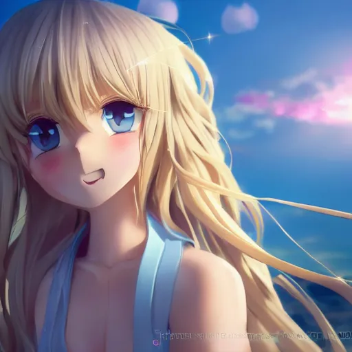 Image similar to a giant very beautiful anime girl, full body, long wavy blond hair, sky blue eyes, full round face, short smile, cute top, miniskirt, sitting on a miniature city, cinematic lightning, medium shot, mid-shot, highly detailed, trending on Artstation, Unreal Engine 4k, cinematic wallpaper by Stanley Artgerm Lau, WLOP, Rossdraws, James Jean, Andrei Riabovitchev, Marc Simonetti, and Sakimichan