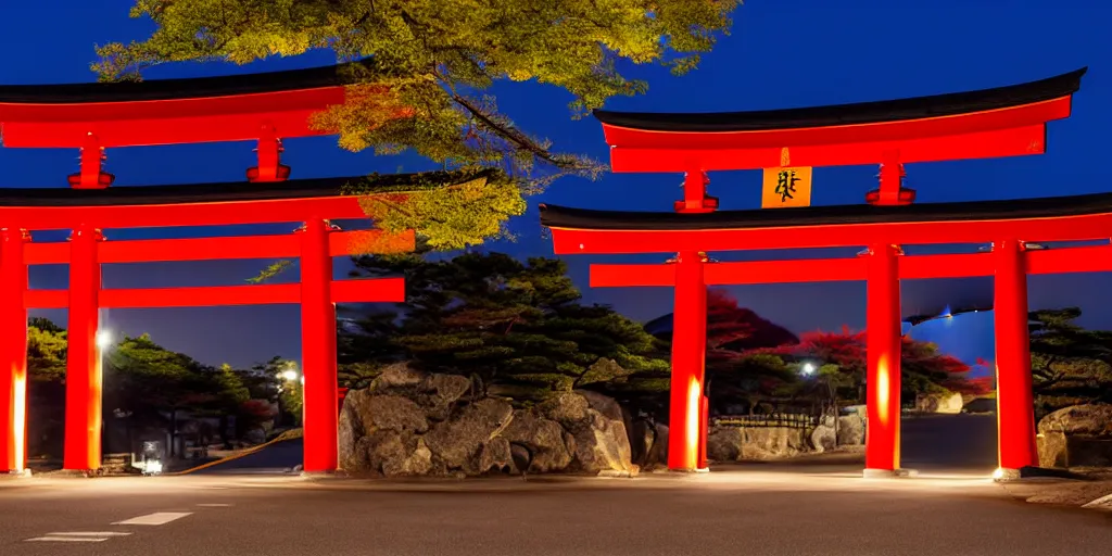 Image similar to A night photo of a american yellow school bus entering a Red Japanese Torii gate at Mount Fuji location in Japan, time travel, 4K, global illumination, ray tracing