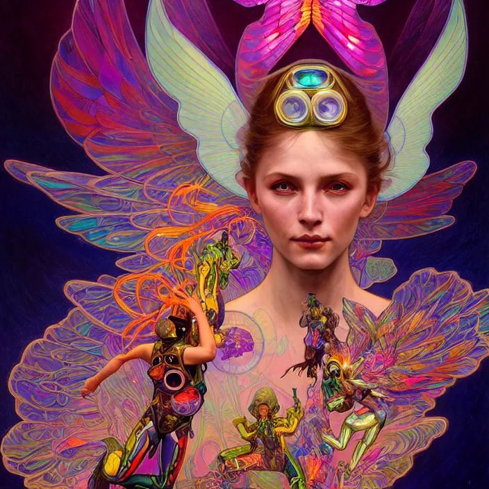 Prompt: bright psychedelic portrait of organic skydiving cyborg with wings, diffuse lighting, fantasy, intricate, elegant, highly detailed, lifelike, photorealistic, digital painting, artstation, illustration, concept art, smooth, sharp focus, art by John Collier and Albert Aublet and Krenz Cushart and Artem Demura and Alphonse Mucha