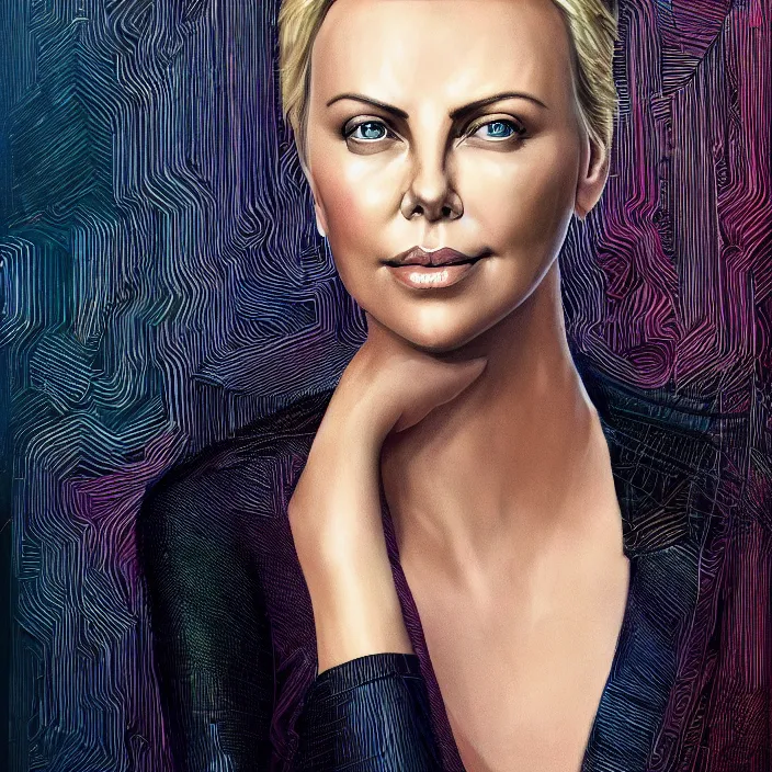 Prompt: portrait of charlize theron in a suit. intricate abstract. intricate artwork. by Tooth Wu, wlop, beeple, dan mumford. octane render, trending on artstation, greg rutkowski very coherent symmetrical artwork. cinematic, hyper realism, high detail, octane render, 8k, iridescent accents