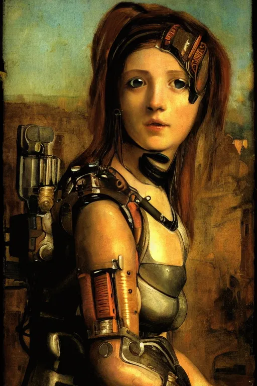 Prompt: a close - up portrait of a cyberpunk cyborg girl, by titian, rule of thirds