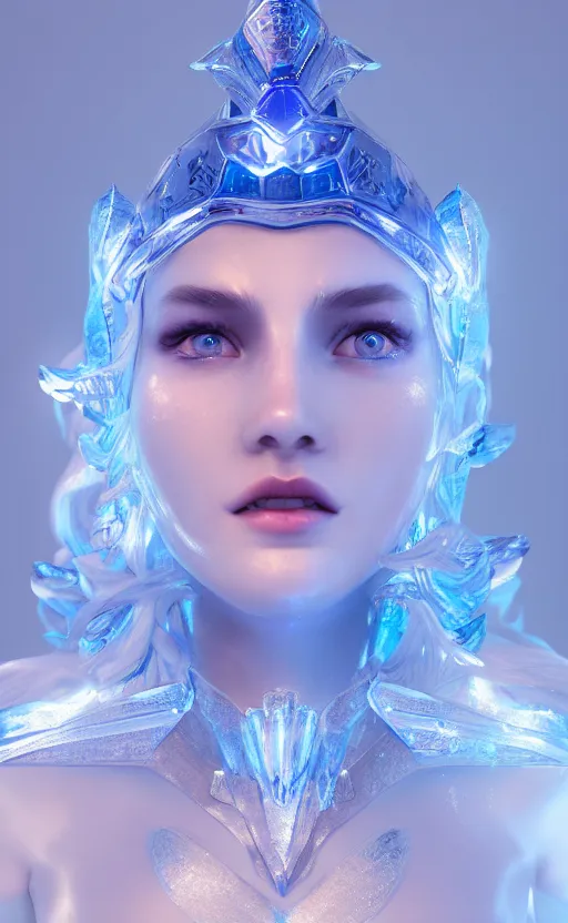 Image similar to ice goddess with beautiful face with a glowing blue crystal on her forehead, frosty white eyes, winter mist around her, white plated armor, pale skin, white smoke, photorealism, octane render, frostbite, 8 k, cinematic, 3 5 mm