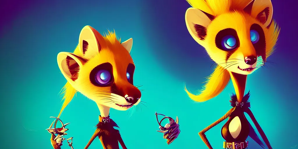 Image similar to curved perspective, extreme narrow, extreme fisheye, digital art of a female marten animal cartoon character wearing jewlery with blonde hairstyle by anton fadeev from nightmare before christmas