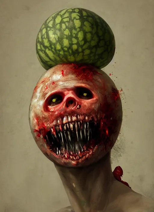 Image similar to hyper realistic photography portrait of smiling zombie with a watermelon helmet cinematic, greg rutkowski, brom, james gurney, mignola, craig mullins, artstation, cgsociety