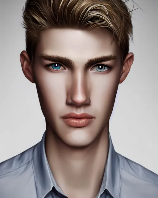 Image similar to portrait of 1 5 - year - old boy, a tall, slender boy with a pale, pointed face, sleek blond hair, and ice grey eyes, wearing in shirt, hyper realistic face, beautiful eyes, character art, art by mark brooks, hyperdetailed, cryengine, trending on artstation, digital art