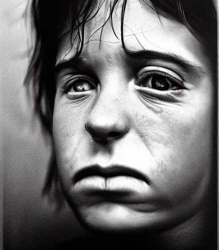 Image similar to a high quality, high detail, photorealistic portrait by james nachtwey and gottfried helnwein, intensly emotional