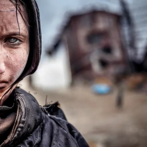 Image similar to photographic portrait of a poor techwear woman holding back tears, a futuristic shanty town burns in the background, closeup, sigma 85mm f/1.4, 4k, depth of field, high resolution, 4k, 8k, hd, full color