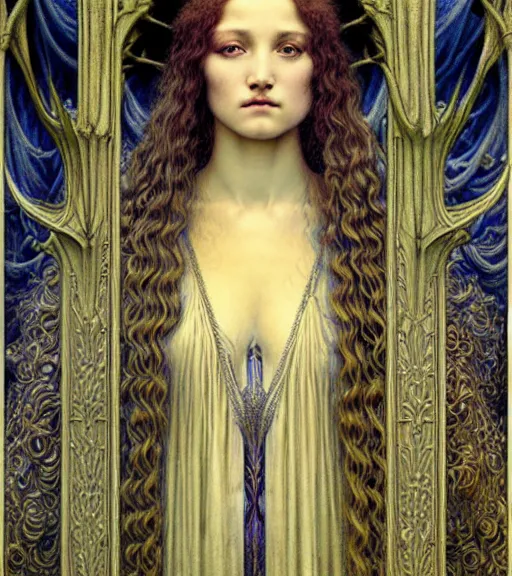 Image similar to detailed realistic beautiful young medieval queen face portrait by jean delville, gustave dore and marco mazzoni, art nouveau, symbolist, visionary, gothic, pre - raphaelite. horizontal symmetry