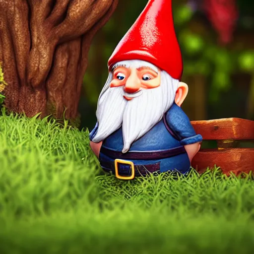 Image similar to gnome on a back yard, highly detailed, photorealistic portrait, bright studio setting, studio lighting, crisp quality and light reflections, unreal engine 5 quality render