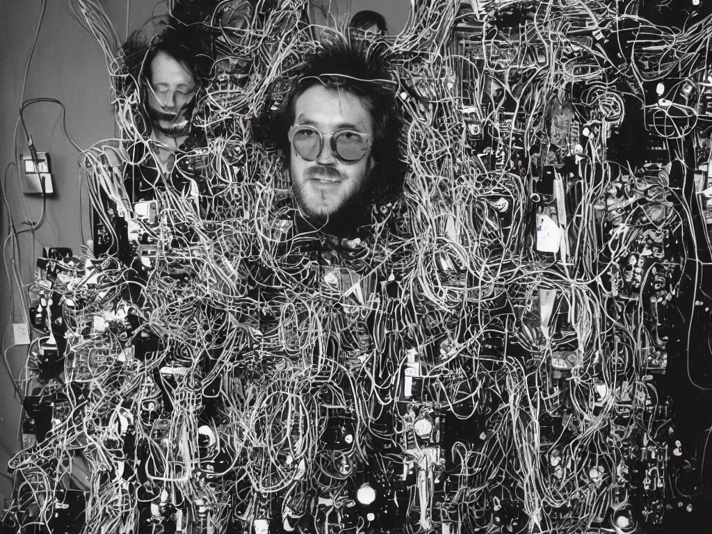 Image similar to 1980s photograph of a man made of electric guitars, wires and 80s modular synthesizers