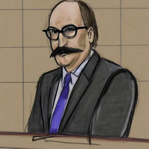 Prompt: court sketch of guilty prison jumpsuit wearing bob odenkirk with trimmed mustache, wearing glasses, being cross - examined by lawyer during trial, sketch by marilyn church