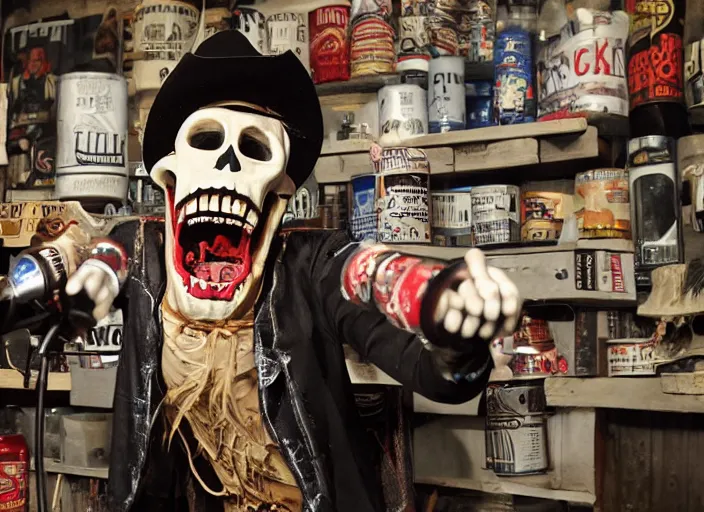 Image similar to an enraged angry skeleton in a cowboy costume shouting into a microphone in a garage filled with radio equipment and piles of beer cans