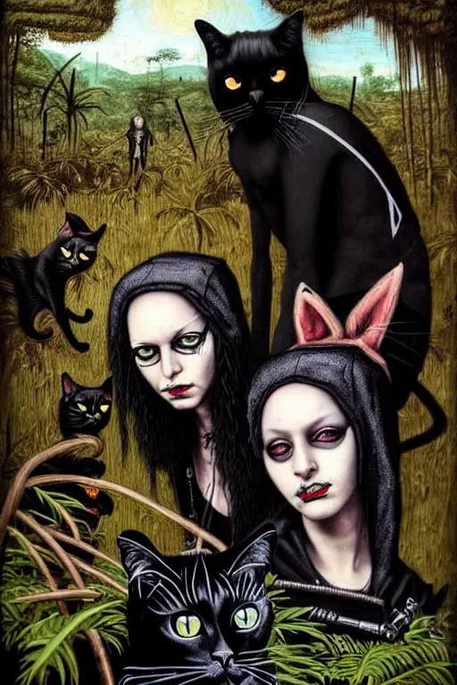 Image similar to punk rock girls making selfie with black cats in jungle , 1980 style, mad max jacket, post apocalyptic, Cyberpunk, renaissance, Gothic, mystic, highly detailed, digital painting, 4k, oil painting by Leonardo Da Vinci, hyper realistic style, fantasy by Olga Fedorova