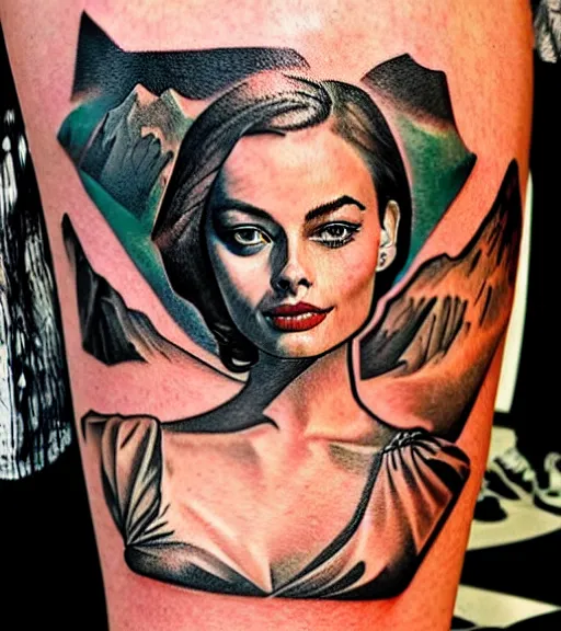 Image similar to mash up tattoo sketch of margot robbie with beautiful mountain scenery, in the style of arlo dicristina, surrealist, amazing detail, sharp