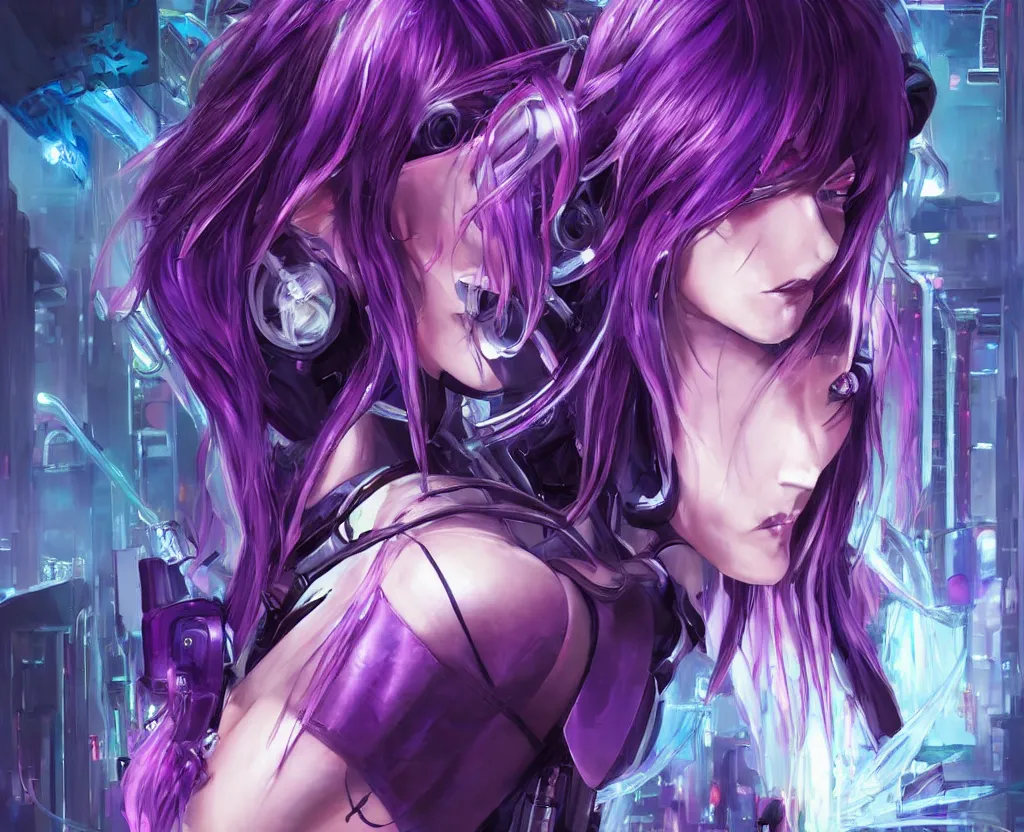 Image similar to A beautiful painting of a cyberpunk anime girl with purple hair and an a huge robot arm sensual stare, Trending on artstation. augmentations and cybernetic enhancements neon circuits, , futuristic, blade runner, detailed, intricate, elegant, highly detailed, digital painting, artstation, concept art, smooth, sharp focus, akira style illustration, art by Krenz Cushart and Artem Demura and Alphonse Mucha ❤️‍🔥 🔥 💀 🤖 🚀