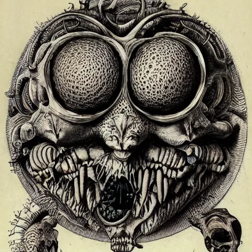 Prompt: bizarre bestiary of repressed unconscious emotional monsters and creatures, illustrated by Ernst Haeckel and Robert Fludd