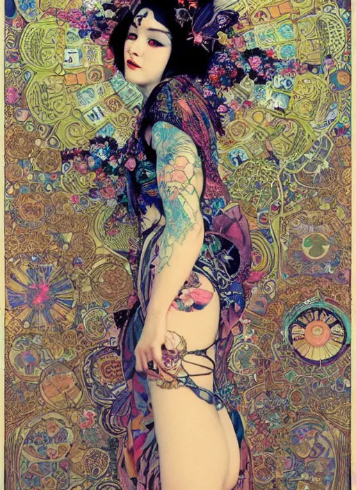 Image similar to cute punk goth fashion hippy fractal tattooed girl wearing kimono posing by Zhang Jingna, psychedelic poster art of by Victor Moscoso Rick Griffin Alphonse Mucha Gustav Klimt Ayami Kojima Amano Charlie Bowater, masterpiece