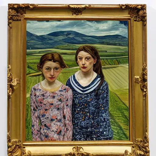 Image similar to a portrait of two beautiful sisters in a scenic environment by lucian freud