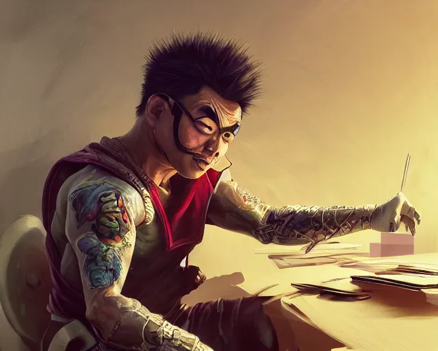 Image similar to an insanely detailed painting of an asian man wearing a homemade superhero costume, sitting at a desk, staring at the nervously at the computer and typing, in the style of peter mohrbacher, dramatic lighting and composition, surreal background, octane render, pixar, trending on artstation, concept art, comic book, view from behind