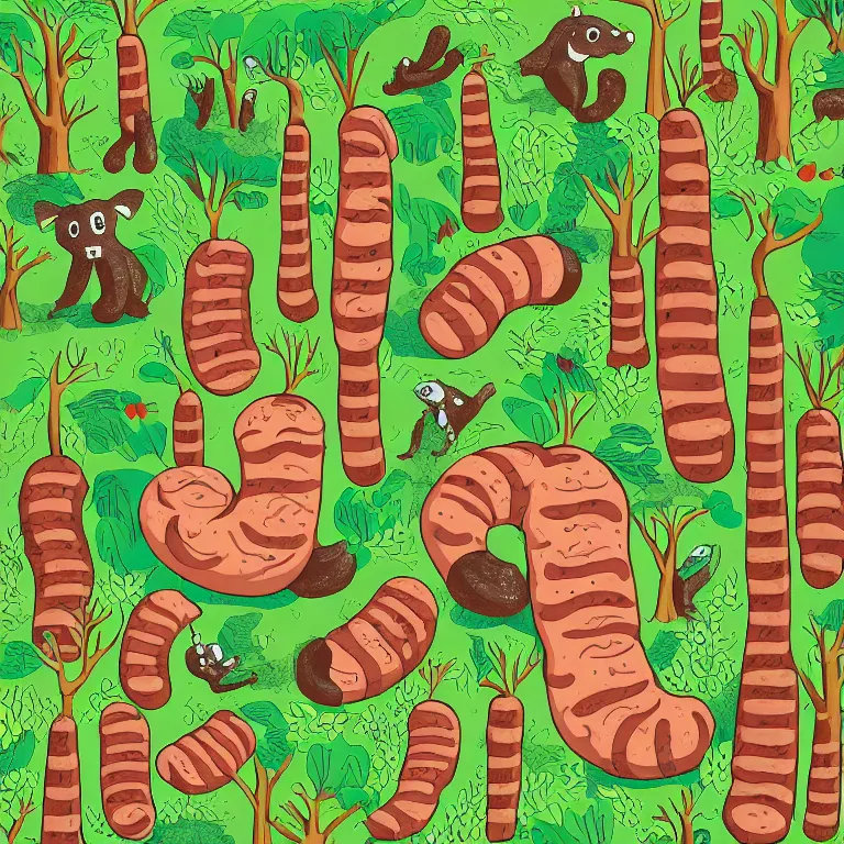 Image similar to illustration of a forest with a giant sausage, highly detailed, by Malika Fayre