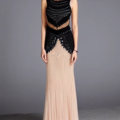 Image similar to fantastically beautiful long knitted large knitted evening dress. light colors. on top of the intricate black ornament openwork. and colored beads. asymmetrical. detailed. a masterpiece.