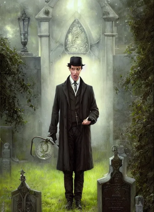 Image similar to sherlock holmes standing in a graveyard, soft colours, detailed, digital art, hd, by tom bagshaw, by fintan magee, by raymond swanland, by sherree valentine daines