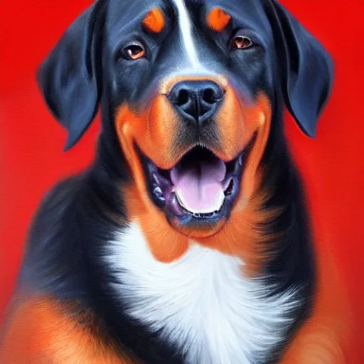 Prompt: red rottweiler, oil painting, artgerm, portrait, highly detailed, artstation