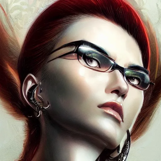 Image similar to a portrait of bayonetta, upper half portrait, urban motifs, intricate, elegant, highly detailed, digital painting, trending on artstation, concept art, smooth sharp focus, illustration, art by artgerm and greg rutkowski