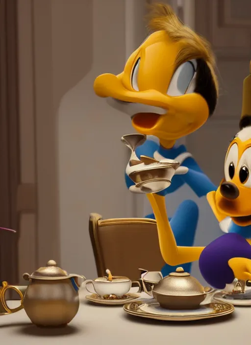 Image similar to cinderalla and donald duck having tea at the ritz, octane render, cinematic, elegant, intricate, 8 k