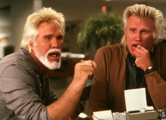 Image similar to film still of Kenny Rogers and Gary Busey yelling at a computer in the new You've Got Mail movie, 4k