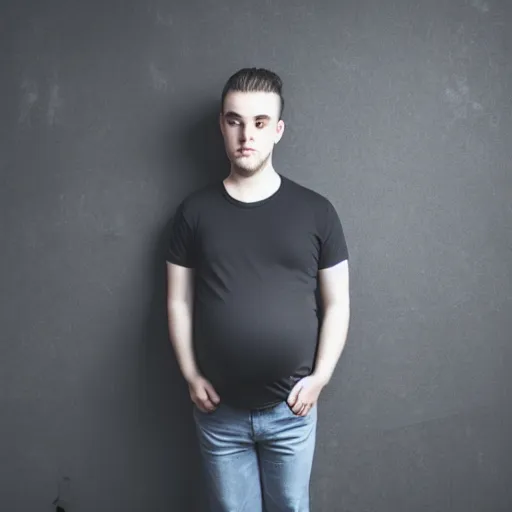 Prompt: a young goth man with a heavily pregnant belly in a t shirt and jeans