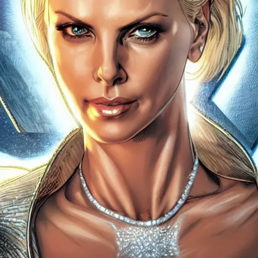 Image similar to charlize theron as emma frost, symmetrical facial features, 8 k intricate detail, detailed face, beautiful, golden ratio, art by ardian syaf, radiosity rendering,