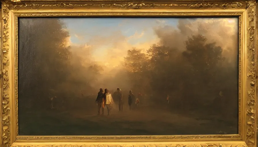 Image similar to oil painting, lovers leaving together, cinematic lighting, wow, establishing shot