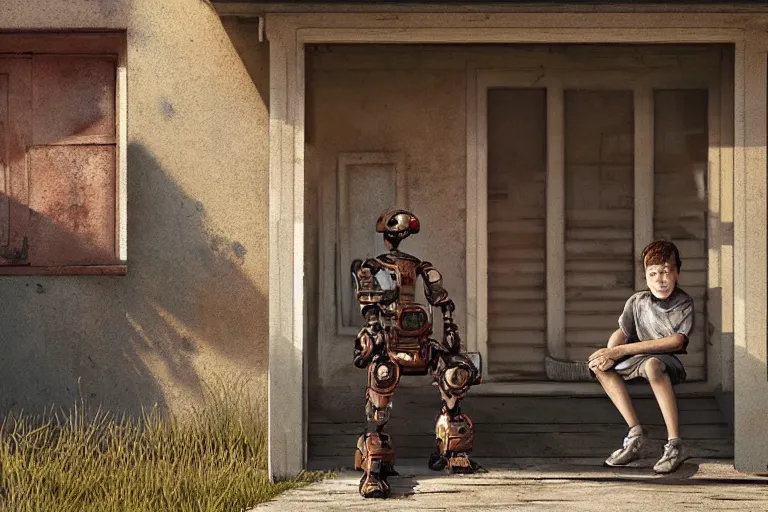 Prompt: close up of a big old rusty robot and a boy sitting on the porch of an old house, by artgerm, by greg rutkowski, octane render, hd, evening mood, dynamic lighting