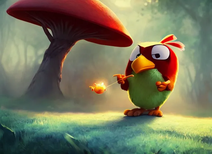 Prompt: angry bird sitting eating magic mushroom, golden hour, fantasy, sharp focus, digital art, hyper realistic, 4 k, unreal engine, highly detailed, hd, dramatic lighting by brom, trending on artstation