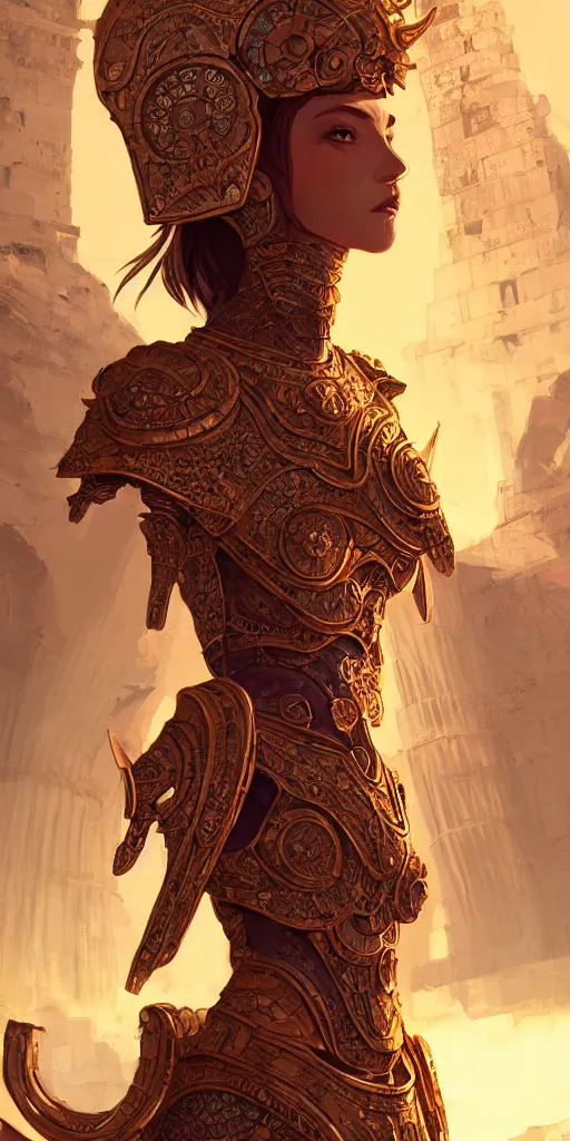 Image similar to portrait knights of zodiac girl, golden and copper shining armor, in ruined agora of athens sunrise, ssci - fi and fantasy, intricate and very very beautiful and elegant, highly detailed, digital painting, artstation, concept art, smooth and sharp focus, illustration, art by ilya kuvshinov and tian zi and wlop and z - - ed