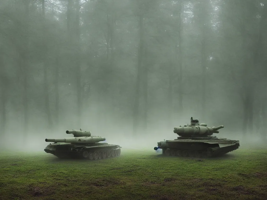 Image similar to damaged tank drives through foggy moss, realistic, tilt shift style, 4 k, ue 5, lense flair, light rays, cinematic light, by michael bay